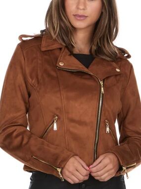 Women's Brown Suede Moto Jacket with Gold Hardware